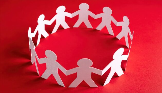 White paper chain people in circle on red background