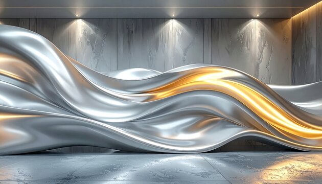 Abstract flowing metallic wave sculpture in modern interior gallery