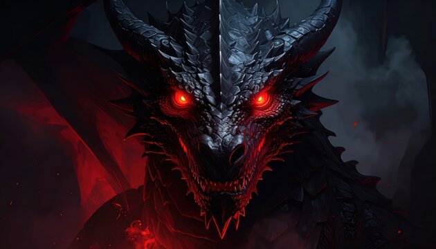 Menacing black dragon with glowing red eyes in darkness