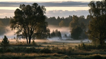 Fototapeta premium A Cinematic Autumn Landscape with Thick Morning Fog Over an Open Green Field and Deciduous Trees
