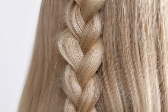 Blonde hair with a braid detail is shown in a close-up shot against a white background.