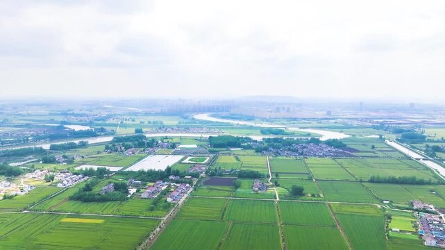 Aerial View of Green Farmland and River Near Rural Villages in Summer