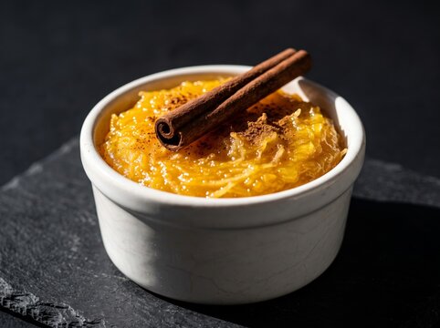 Traditional Angolan Cocada Amarela coconut dessert in a white ramekin topped with cinnamon sticks