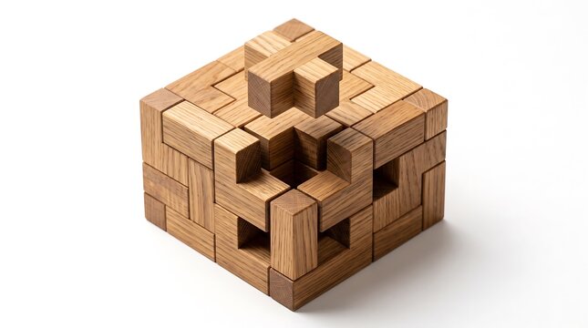 Wooden Cube Puzzle Toy with Floating Piece Concept for Problem Solving and Strategy