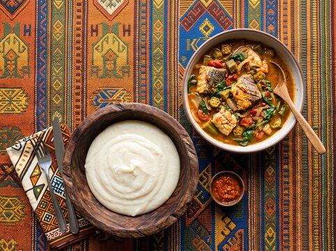 Traditional Angolan funge with fish and okra stew served on a vibrant patterned tablecloth