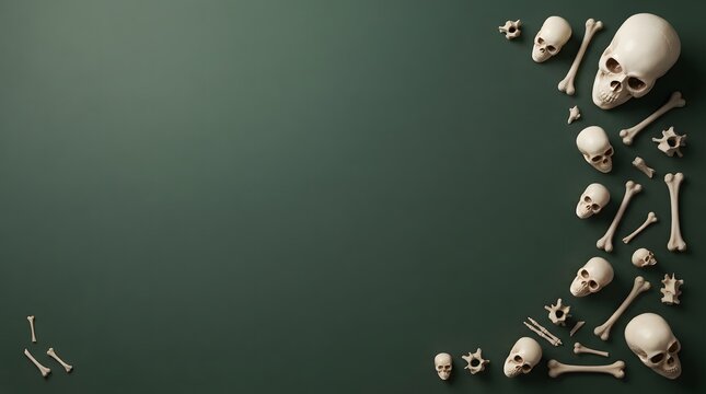 Dark and moody still life with scattered human bones and skulls
