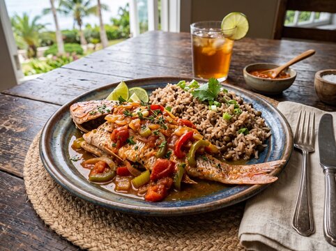 Bahamian steamed fish with rice and peas, served with iced tea on a rustic wooden dining table