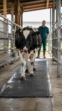 Dairy cow walking on rubber mat inside barn with farmer in green coveralls observing, wooden structure and open area visible in the background