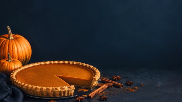 Pumpkin pie with a slice removed, surrounded by pumpkins and cinnamon sticks on a dark background, ideal for Thanksgiving Day card design or culinary themes
