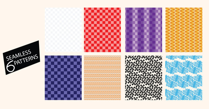 Colorful geometric seamless pattern set. checkered gingham tiles, abstract pixel textures,&nbsp;red gingham, purple plaid grid, blue optical pixel,&nbsp;