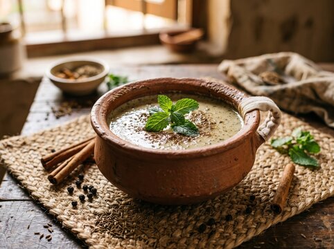 Chilled spiced yogurt drink garnished with fresh mint leaves and roasted cumin seeds served in a rustic clay pot