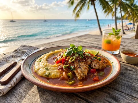 Traditional cou cou and flying fish served with a cocktail on a tropical Caribbean beach at sunset