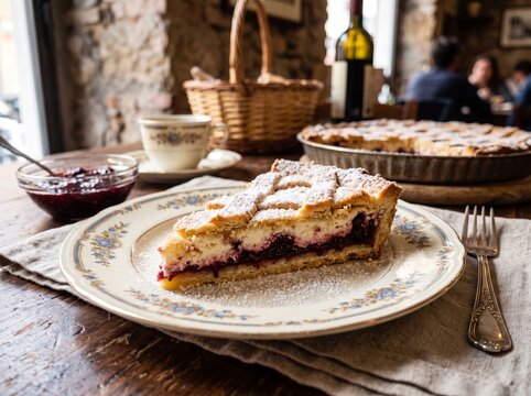 Slice of Italian Crostata di Ricotta e Visciole on a vintage plate