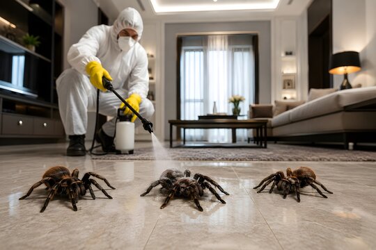 Professional Spider Control Technician Applying Pest Control Treatment for Spider Infestation, Extermination, Removal, Prevention and Safe Effective Pest Management Services