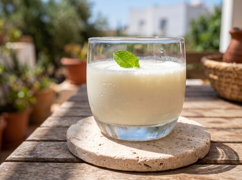 Chilled glass of traditional laban garnished with a fresh mint leaf on a wooden table outdoors