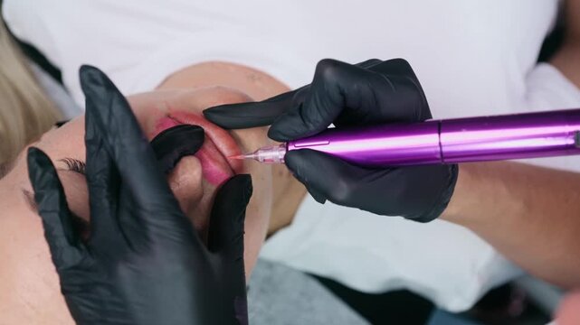 Macro close up of a permanent makeup artist performing a lip blush tattoo procedure with a PMU machine in a professional beauty salon.