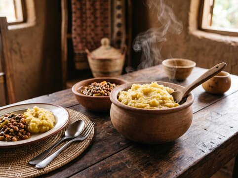 Steaming mashed matooke served in rustic clay pots with bean stew on a wooden table