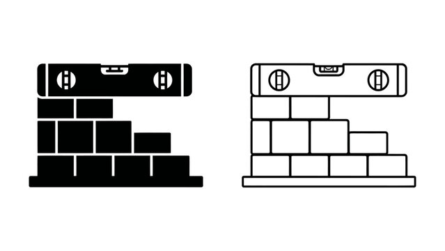 Building Level and Brickwork: Two icons representing a spirit level atop a stack of bricks, illustrating construction and measurement, precision, and balance in building projects.