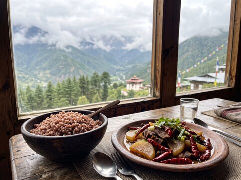 Traditional Bhutanese meal of red rice with Shakam Paa served near a window overlooking misty mountains