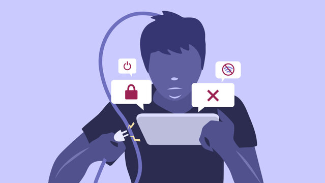 A person playing on a phone disconnecting and unplugging it from your head, digital detox illustration