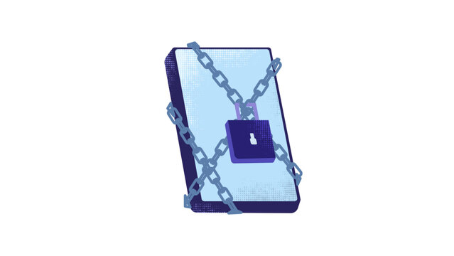 Chains wrapped around a mobile phone with a lock setting restriction on the phone, digital detoxing addiction and screen time management, illustration white background