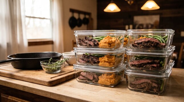 Meal Prep Containers Filled With Steak and Sweet Potato