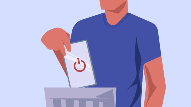 A person dumping phone into the trash from digital detoxing and addiction, time management on digital device illustration