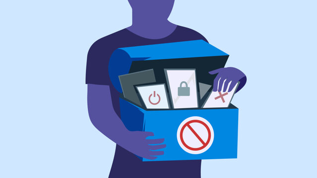 A chest full of digital devices, with restricted and shutdown signs, digital detox screen time management for digital advice addiction, graphics illustration