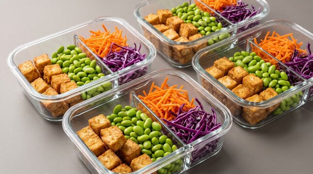 Meal Prep Perfection: Five transparent glass containers neatly arranged, each filled with a balanced, colorful mix of tofu cubes, edamame, shredded carrots, and red cabbage.