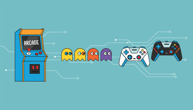 Video game evolution diagram showing retro arcade cabinet connecting to modern gaming console controllers.