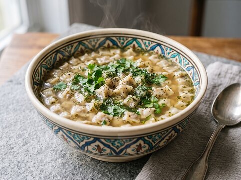 Steaming bowl of Azerbaijani dushbara soup with tiny meat dumplings and fresh herbs
