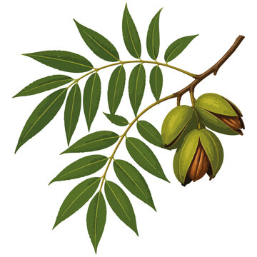 Pecan Branch with Leaves and Split Nuts Vector Illustration