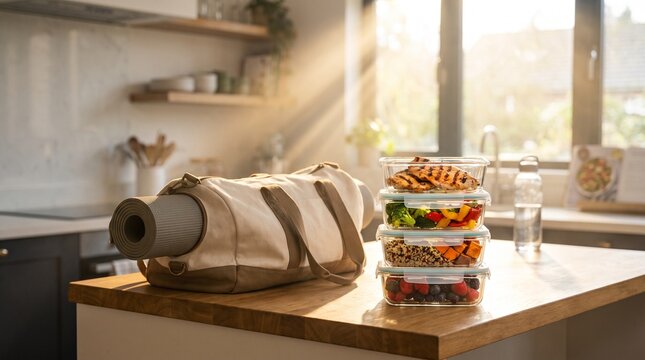 Healthy Lifestyle Meal Prep: A yoga mat lies beside perfectly portioned meal prep containers filled with fresh, nutritious ingredients on a sun-drenched kitchen island.