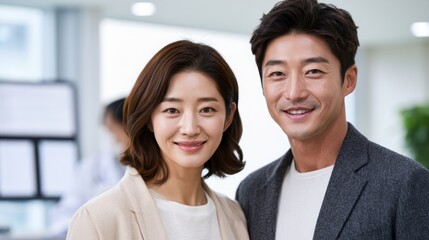 Obraz premium Korean couple smiling together in a modern indoor setting, dressed in casual attire, with soft lighting and blurred background elements suggesting a professional environment