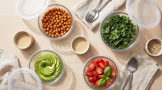 Fresh Ingredients Ready for Meal Prep: A top-down view showcases vibrant, healthy ingredients arranged in glass bowls, including sliced avocado, cherry tomatoes, chickpeas, and kale.