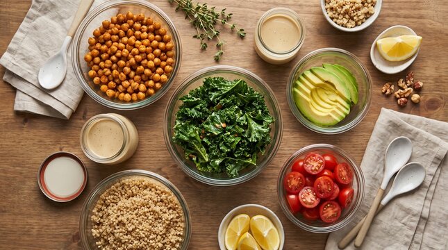 Vibrant Ingredients for a Healthy Meal: A colorful overhead view of fresh ingredients arranged on a wooden table, including chickpeas, kale, avocado, cherry tomatoes, quinoa, and nuts.