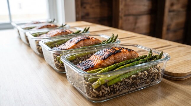 Salmon and Asparagus Meal Prep: Delicious and healthy salmon fillets with asparagus spears served over brown rice in clear meal prep containers, ready for a nutritious week.