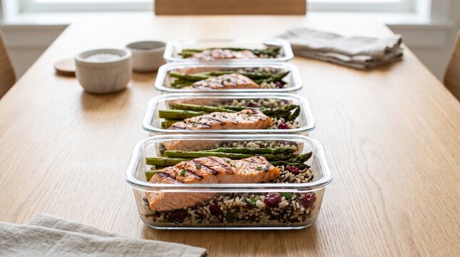 Meal Prep Perfection: Healthy salmon and asparagus meals, prepared in clear glass containers, are neatly arranged on a wooden table, promising delicious and nutritious eating.