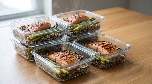Salmon and Asparagus Meal Prep: Perfectly grilled salmon fillets are paired with tender asparagus spears and a hearty grain base.