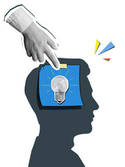 A hand places paper note with a glowing lightbulb into a silhouette of male head. Idea and creativity concept. Modern photo collage style. Illustration on a transparent background © tiena