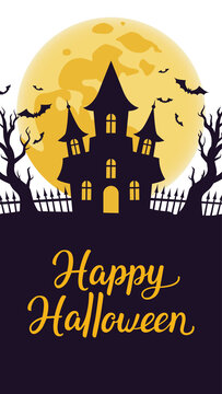Poster with a silhouette of an old haunted Halloween house, full Moon, bats and an inscription Happy Halloween. Illustration on a transparent background