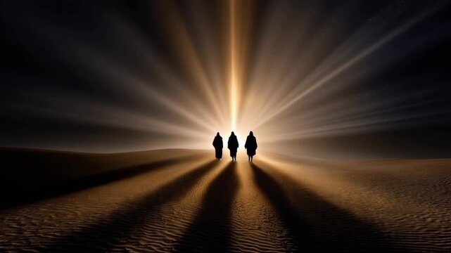 Three silhouettes walk towards a brilliant beam of light, casting long shadows on the desolate ground. ..Created with Generative AI, not depicting real subjects.