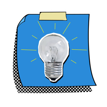 A glowing lightbulb on a note. Idea and creativity concept. Modern photo collage style. Illustration on a transparent background