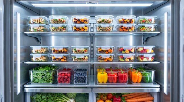 Neatly Organized Refrigerator: A well-stocked refrigerator with clear containers showcasing an assortment of fresh fruits, vegetables, and prepared meals, organized for easy access and visual appeal.