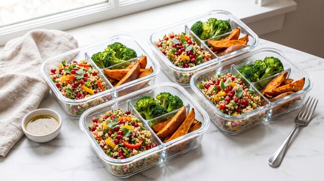 Healthy Meal Prep: Four transparent containers filled with nutritious meals, featuring broccoli, sweet potato wedges, and a vibrant grain salad with pomegranate seeds, neatly arranged on a countertop.