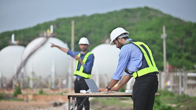 Engineers wearing safety gear, including hard hats examining survey a large blueprint tablet standing industrial facility gas or oil refinery engaged in a job requires high safety standards concept.	