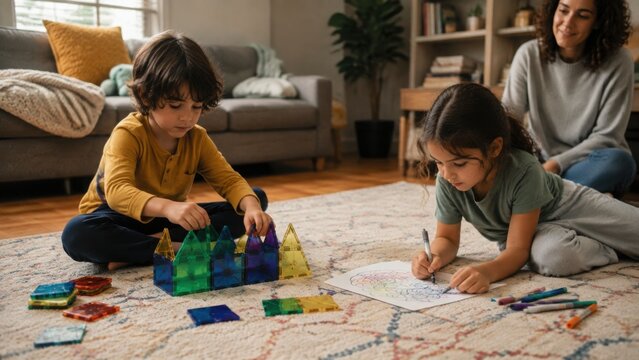 Two children engaged in creative play with colorful building blocks on a living room floor, while a woman observes from a nearby couch in a cozy home setting