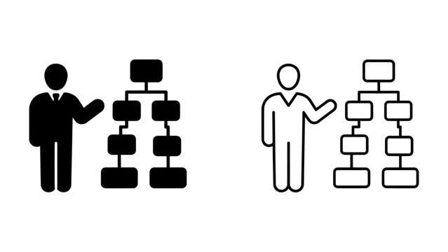 Organizational Structure Diagram: Two stylized figures present organizational charts, one solid and one outlined, demonstrating hierarchical structures and business management.