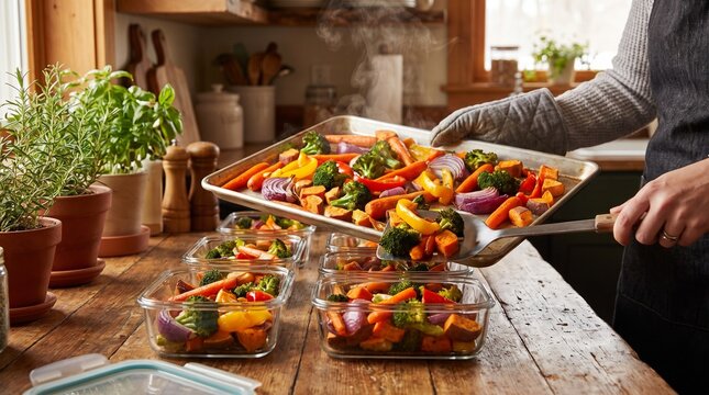 Healthy Roasted Vegetables: A person wearing oven mitts places freshly roasted vegetables from a baking sheet into meal prep containers in a cozy kitchen setting.