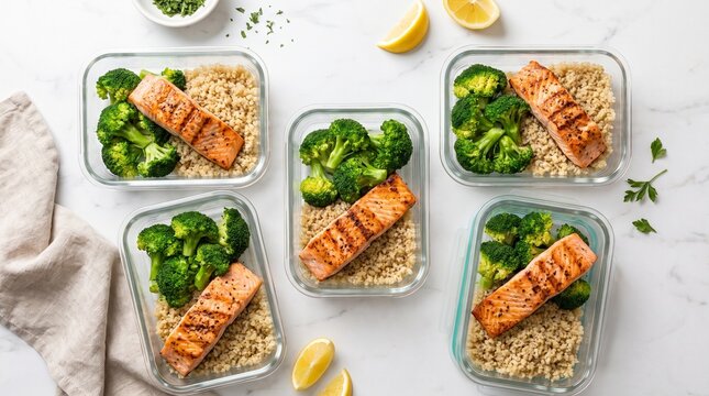 Healthy Salmon Meal Prep: Five glass containers filled with grilled salmon, fluffy brown rice, and vibrant broccoli florets.